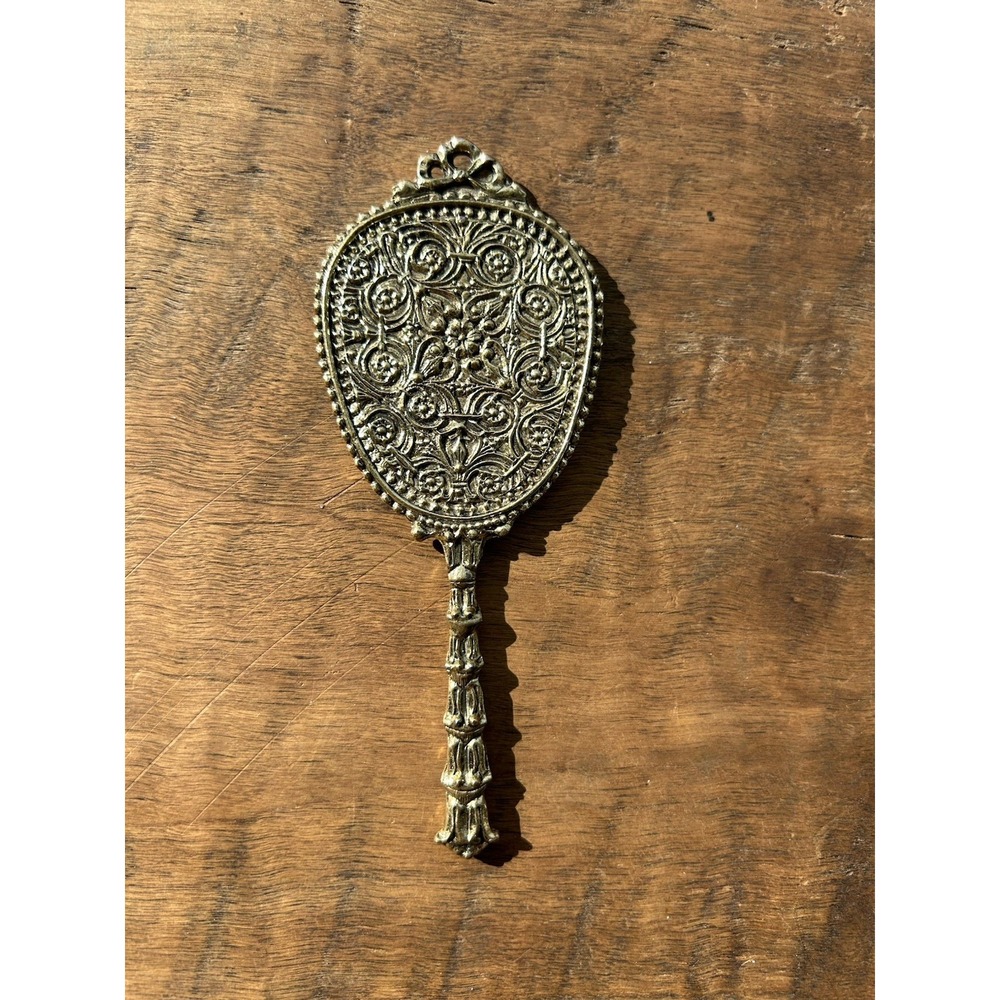 Vintage Ornate Hand Mirror Floral Scroll Gold Tone Vanity Mirror 5.5" Small